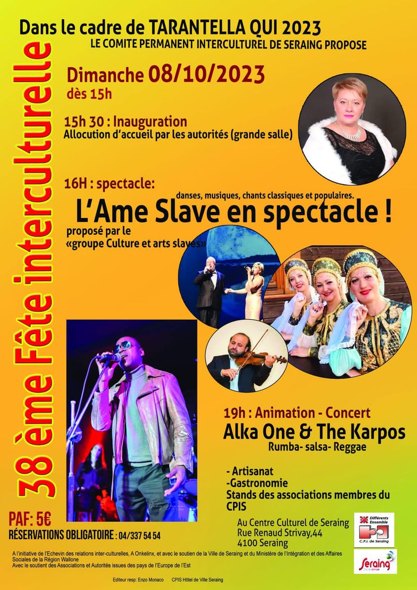 Affiche. Seraing. Ame slave en spectacle, proposé par le Groupe culture et arts slaves. 38ème fête interculturelle dans le cadre de Tarantella. 2023-10-08